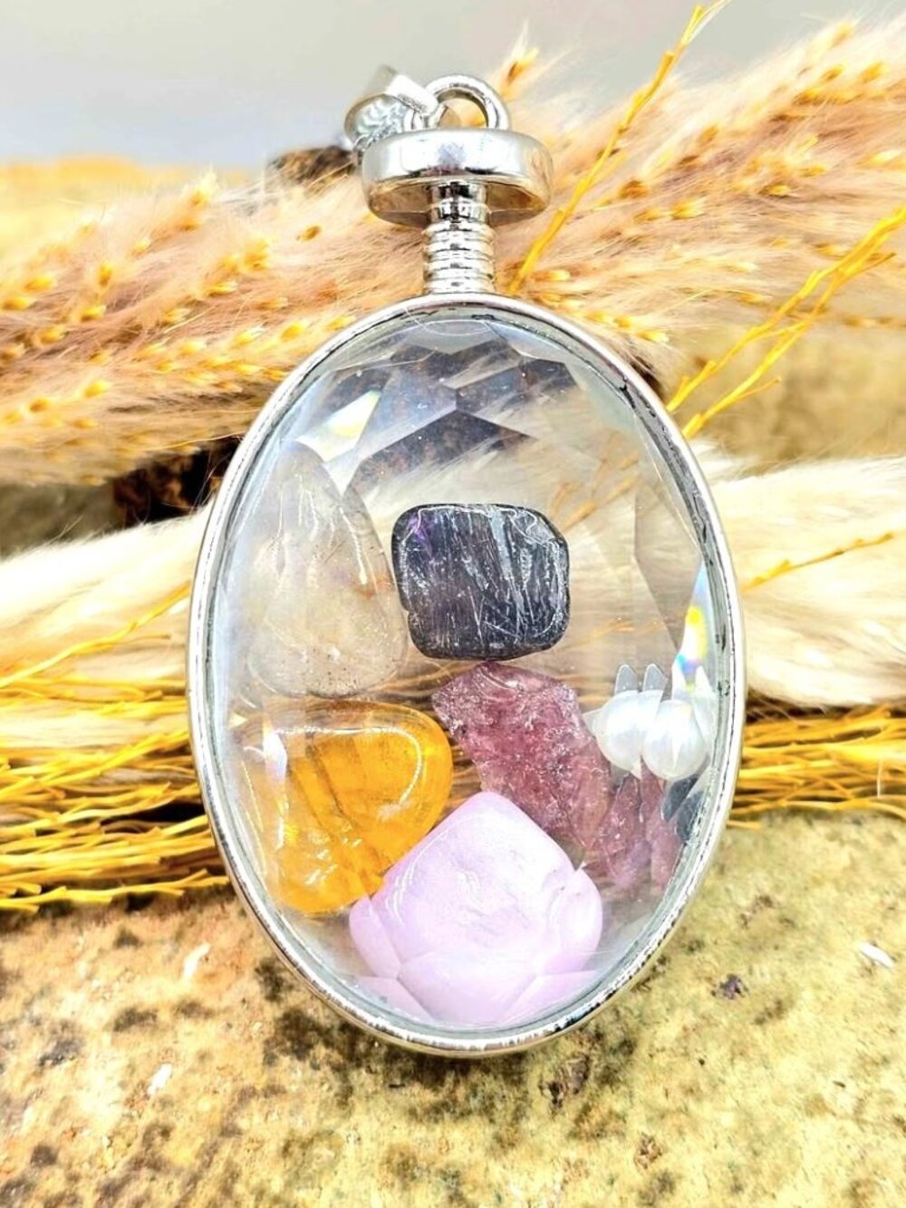 Nature Mixed Floating Crystals Oval Pendant Necklace